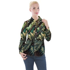 Tropical Leaf Leaves Foliage Monstera Nature Women s Long Sleeve Pocket Shirt