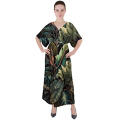 Tropical Leaf Leaves Foliage Monstera Nature V-neck Boho Style Maxi Dress by Jancukart