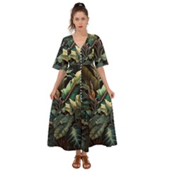 Tropical Leaf Leaves Foliage Monstera Nature Kimono Sleeve Boho Dress