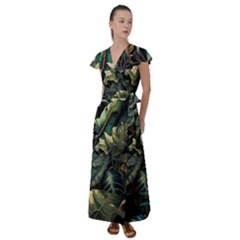 Tropical Leaf Leaves Foliage Monstera Nature Flutter Sleeve Maxi Dress