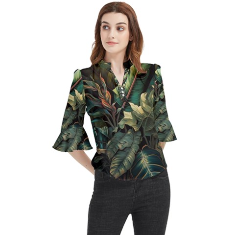 Tropical Leaf Leaves Foliage Monstera Nature Loose Horn Sleeve Chiffon Blouse by Jancukart