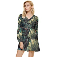 Tropical Leaf Leaves Foliage Monstera Nature Tiered Long Sleeve Mini Dress