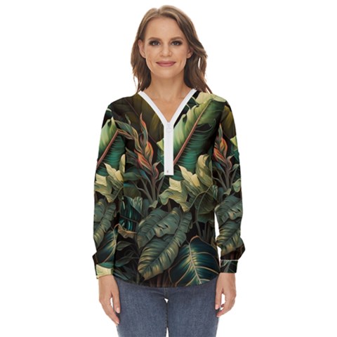 Tropical Leaf Leaves Foliage Monstera Nature Zip Up Long Sleeve Blouse by Jancukart