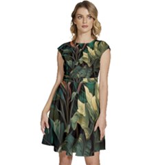 Tropical Leaf Leaves Foliage Monstera Nature Cap Sleeve High Waist Dress by Jancukart