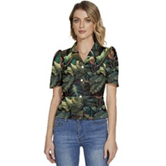 Tropical Leaf Leaves Foliage Monstera Nature Puffed Short Sleeve Button Up Jacket