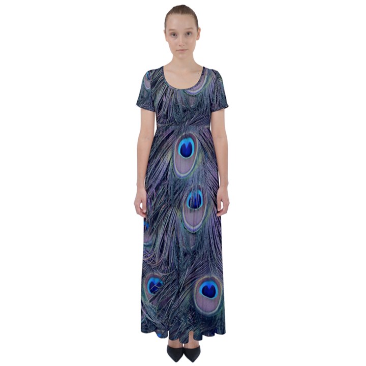 Peacock Feathers Peacock Bird Feathers High Waist Short Sleeve Maxi Dress