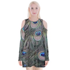 Peacock Feathers Peacock Bird Feathers Velvet Long Sleeve Shoulder Cutout Dress