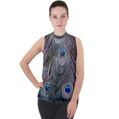 Peacock Feathers Peacock Bird Feathers Mock Neck Chiffon Sleeveless Top