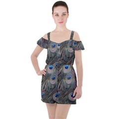 Peacock Feathers Peacock Bird Feathers Ruffle Cut Out Chiffon Playsuit