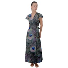 Peacock Feathers Peacock Bird Feathers Flutter Sleeve Maxi Dress