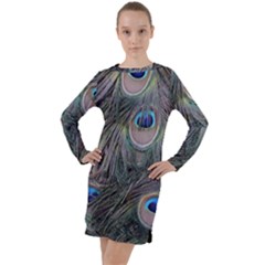 Peacock Feathers Peacock Bird Feathers Long Sleeve Hoodie Dress