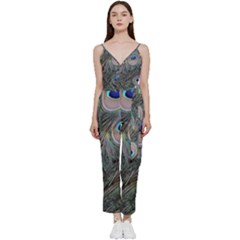 Peacock Feathers Peacock Bird Feathers V-neck Spaghetti Strap Tie Front Jumpsuit by Jancukart