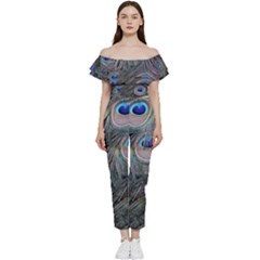 Peacock Feathers Peacock Bird Feathers Off Shoulder Ruffle Top Jumpsuit