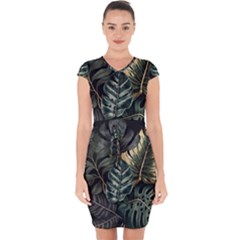 Tropical Leaves Foliage Monstera Nature Home Capsleeve Drawstring Dress 