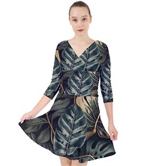 Tropical Leaves Foliage Monstera Nature Home Quarter Sleeve Front Wrap Dress