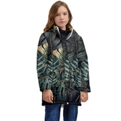 Tropical Leaves Foliage Monstera Nature Home Kid s Hooded Longline Puffer Jacket