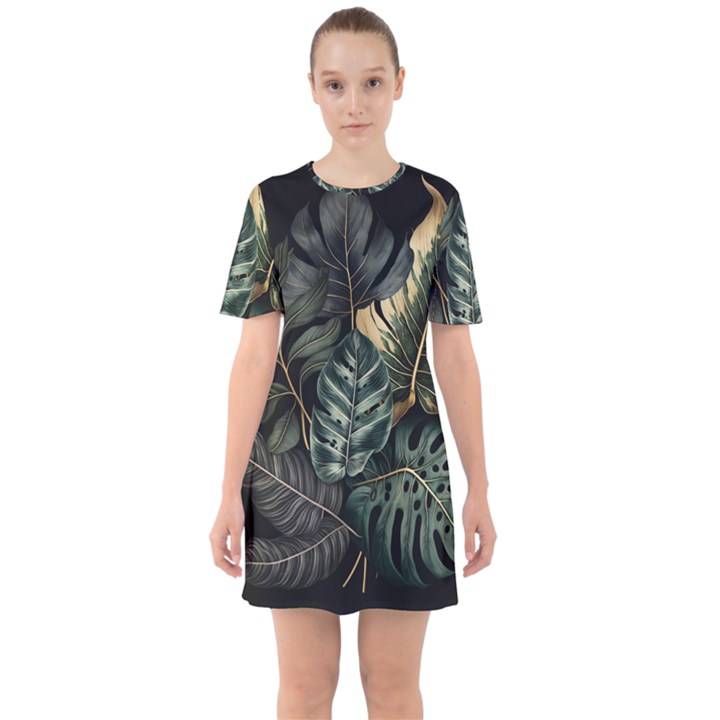 Tropical Leaves Foliage Monstera Nature Home Sixties Short Sleeve Mini Dress