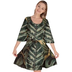 Tropical Leaves Foliage Monstera Nature Home Velour Kimono Dress