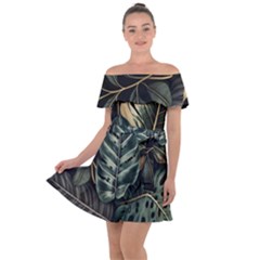 Tropical Leaves Foliage Monstera Nature Home Off Shoulder Velour Dress