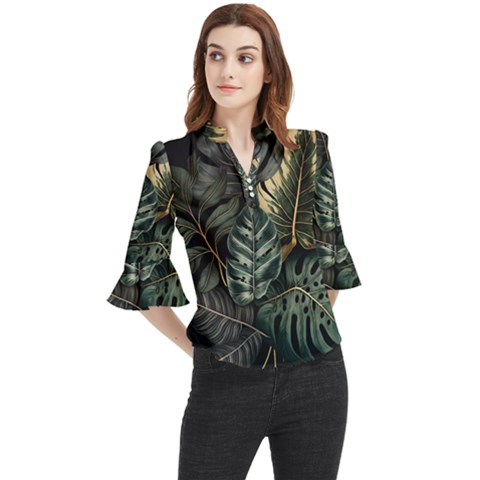 Tropical Leaves Foliage Monstera Nature Home Loose Horn Sleeve Chiffon Blouse by Jancukart