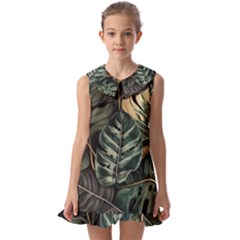 Tropical Leaves Foliage Monstera Nature Home Kids  Pilgrim Collar Ruffle Hem Dress