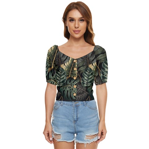 Tropical Leaves Foliage Monstera Nature Home Button Up Blouse by Jancukart