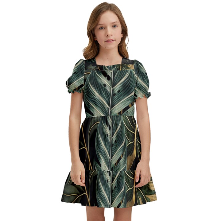 Tropical Leaves Foliage Monstera Nature Home Kids  Puff Sleeved Dress