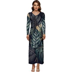 Tropical Leaves Foliage Monstera Nature Home Long Sleeve Longline Maxi Dress