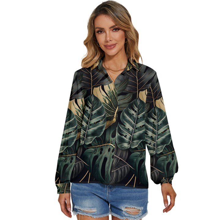 Tropical Leaves Foliage Monstera Nature Home Women s Long Sleeve Button Down Shirt