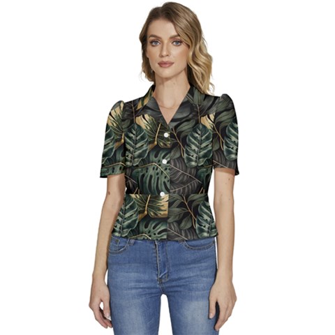 Tropical Leaves Foliage Monstera Nature Home Puffed Short Sleeve Button Up Jacket by Jancukart