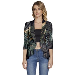 Tropical Leaves Foliage Monstera Nature Home Women s 3/4 Sleeve Ruffle Edge Open Front Jacket