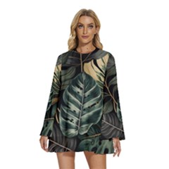 Tropical Leaves Foliage Monstera Nature Home Round Neck Long Sleeve Bohemian Style Chiffon Mini Dress