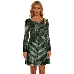 Tropical Leaves Foliage Monstera Nature Home Long Sleeve Wide Neck Velvet Dress