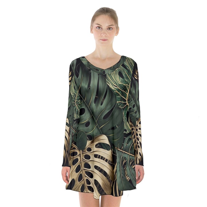 Tropical Leaves Foliage Monstera Nature Home Art Long Sleeve Velvet V-neck Dress