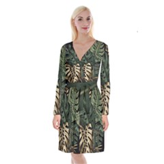 Tropical Leaves Foliage Monstera Nature Home Art Long Sleeve Velvet Front Wrap Dress