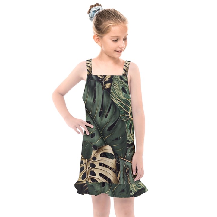 Tropical Leaves Foliage Monstera Nature Home Art Kids  Overall Dress