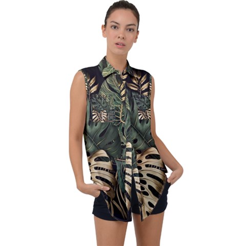 Tropical Leaves Foliage Monstera Nature Home Art Sleeveless Chiffon Button Shirt by Jancukart