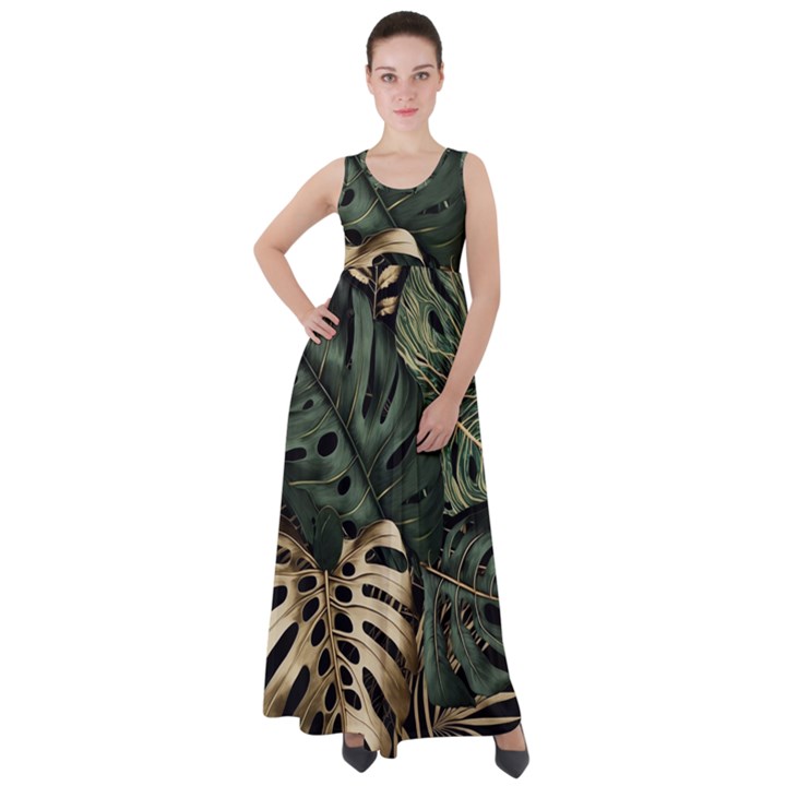 Tropical Leaves Foliage Monstera Nature Home Art Empire Waist Velour Maxi Dress