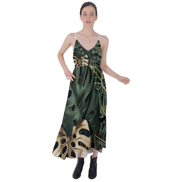 Tropical Leaves Foliage Monstera Nature Home Art Tie Back Maxi Dress