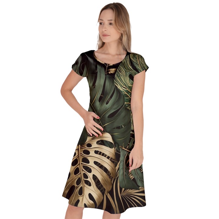 Tropical Leaves Foliage Monstera Nature Home Art Classic Short Sleeve Dress