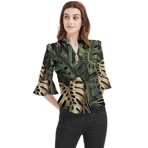 Tropical Leaves Foliage Monstera Nature Home Art Loose Horn Sleeve Chiffon Blouse by Jancukart