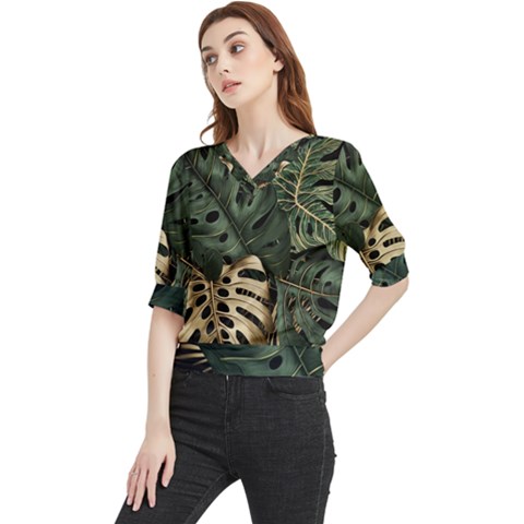 Tropical Leaves Foliage Monstera Nature Home Art Quarter Sleeve Blouse by Jancukart