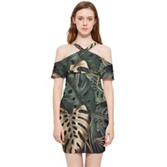 Tropical Leaves Foliage Monstera Nature Home Art Shoulder Frill Bodycon Summer Dress