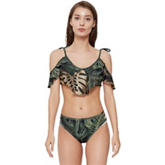 Tropical Leaves Foliage Monstera Nature Home Art Ruffle Edge Tie Up Bikini Set	