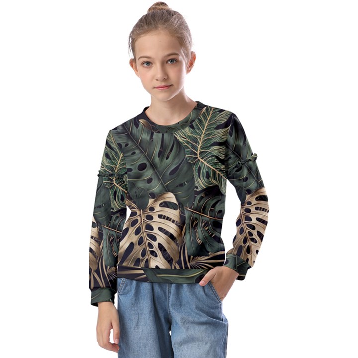 Tropical Leaves Foliage Monstera Nature Home Art Kids  Long Sleeve Tee with Frill 