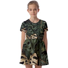 Tropical Leaves Foliage Monstera Nature Home Art Kids  Short Sleeve Pinafore Style Dress