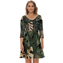 Tropical Leaves Foliage Monstera Nature Home Art Shoulder Cut Out Zip Up Dress