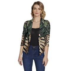 Tropical Leaves Foliage Monstera Nature Home Art Women s Draped Front 3/4 Sleeve Shawl Collar Jacket