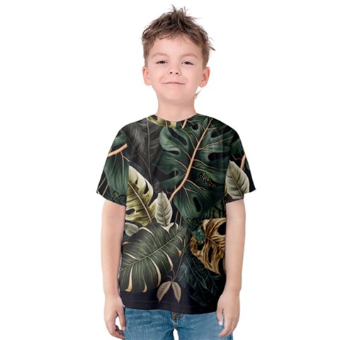 Tropical Leaves Foliage Monstera Nature Home Pattern Kids  Cotton Tee by Jancukart