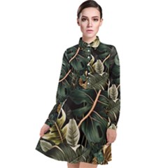 Tropical Leaves Foliage Monstera Nature Home Pattern Long Sleeve Chiffon Shirt Dress by Jancukart